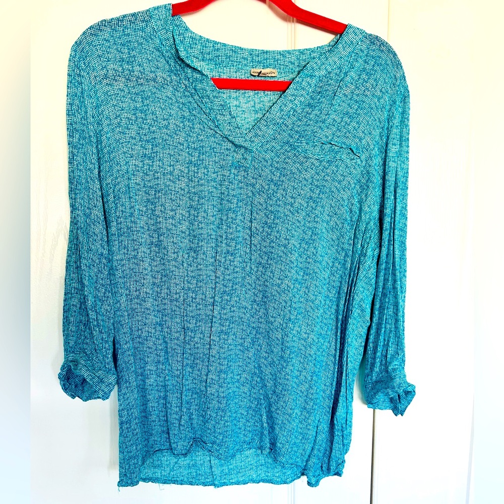 Ann Carson blouse. Turquoise and white , size large . 3/4 sleeves with button